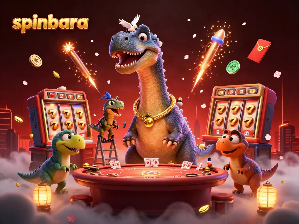 Spinbara captures excitement with a towering brontosaurus dealer amidst casino action.