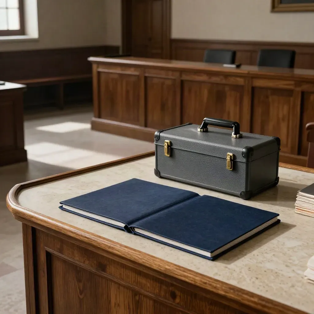 Sala vacía de juzgado con carpeta de vista oral y estuche de pruebas frente al estrado