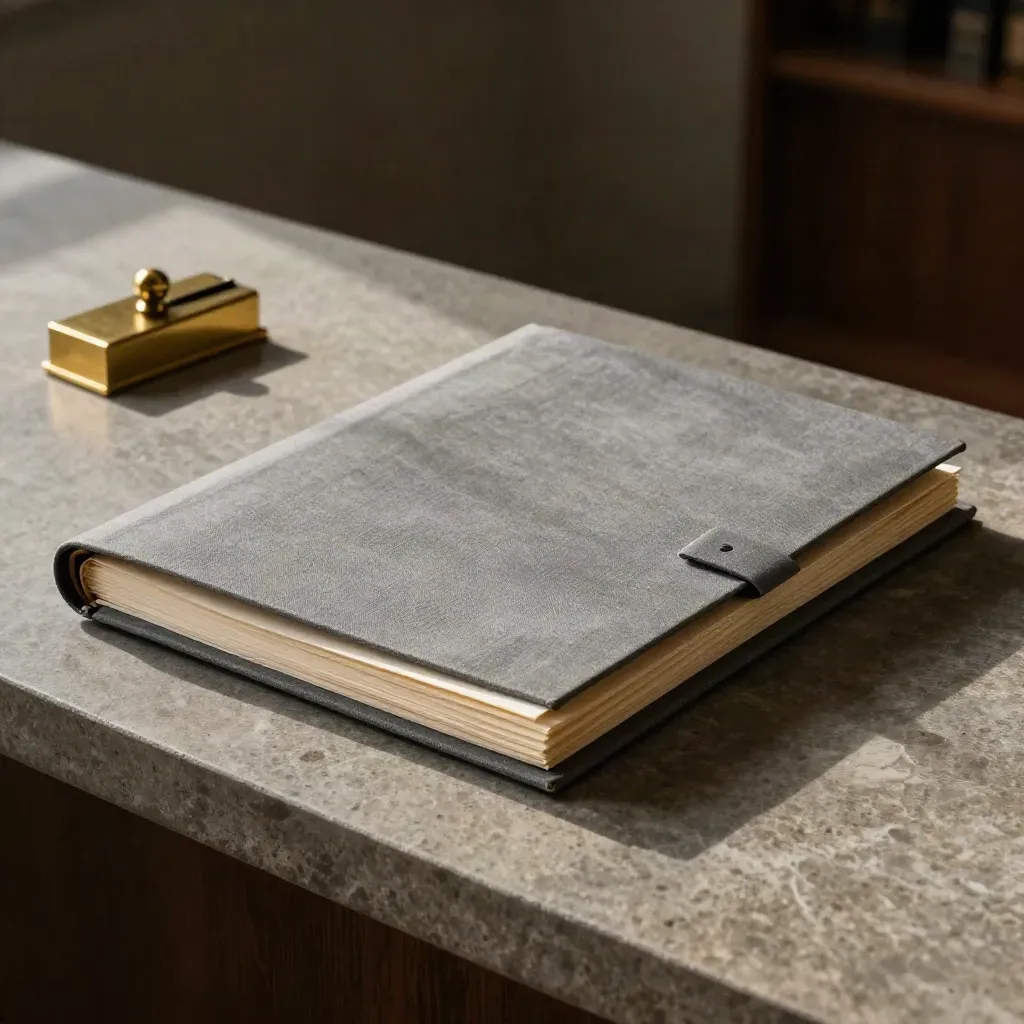 Carpeta de lino con páginas alineadas y detalle de latón sobre piedra.