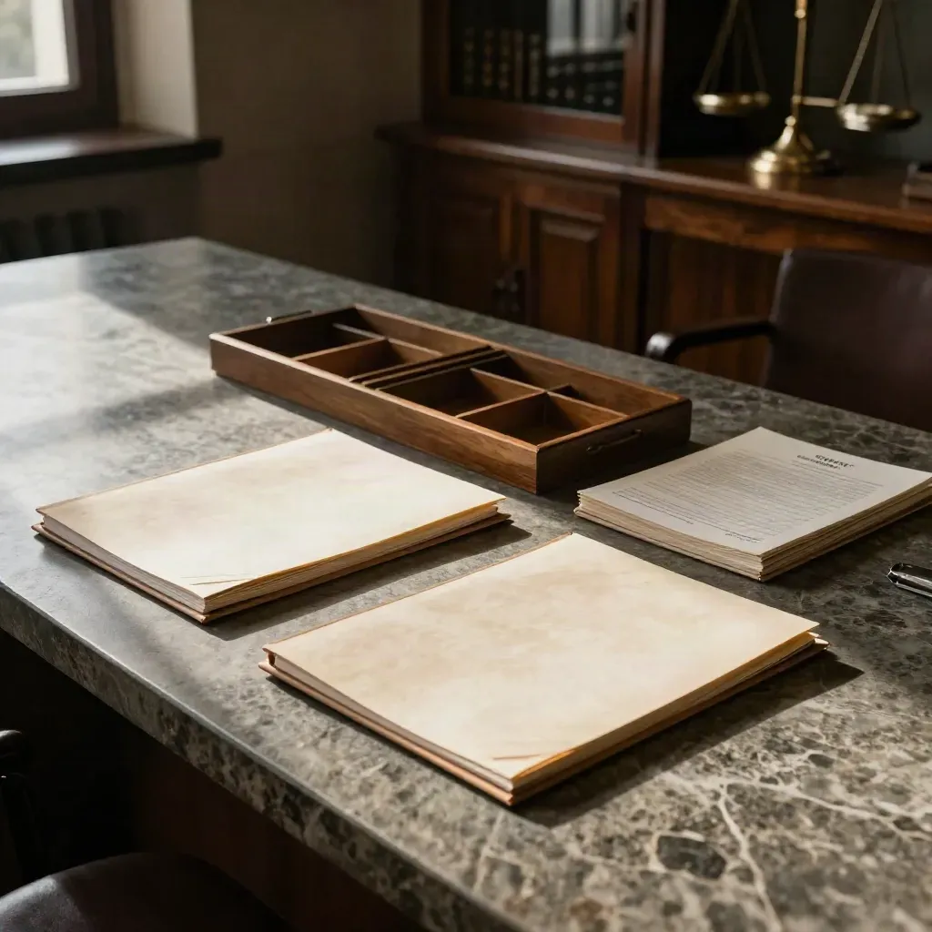 Sala de consulta jurídica con carpetas selladas, bandeja de madera y folio cerrado sobre mesa de piedra.