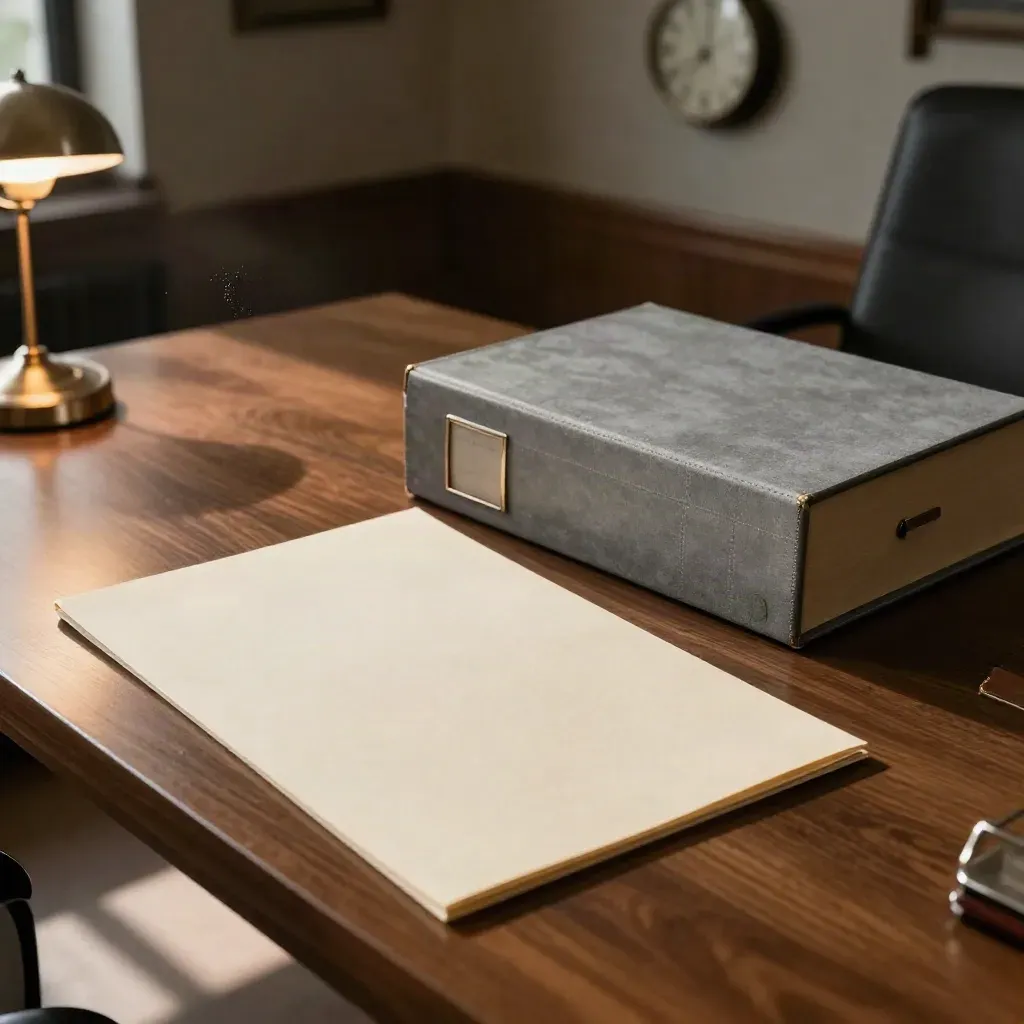 Mesa de negociación vacía con carpeta sellada, caja de archivo y reloj desenfocado en luz cálida.