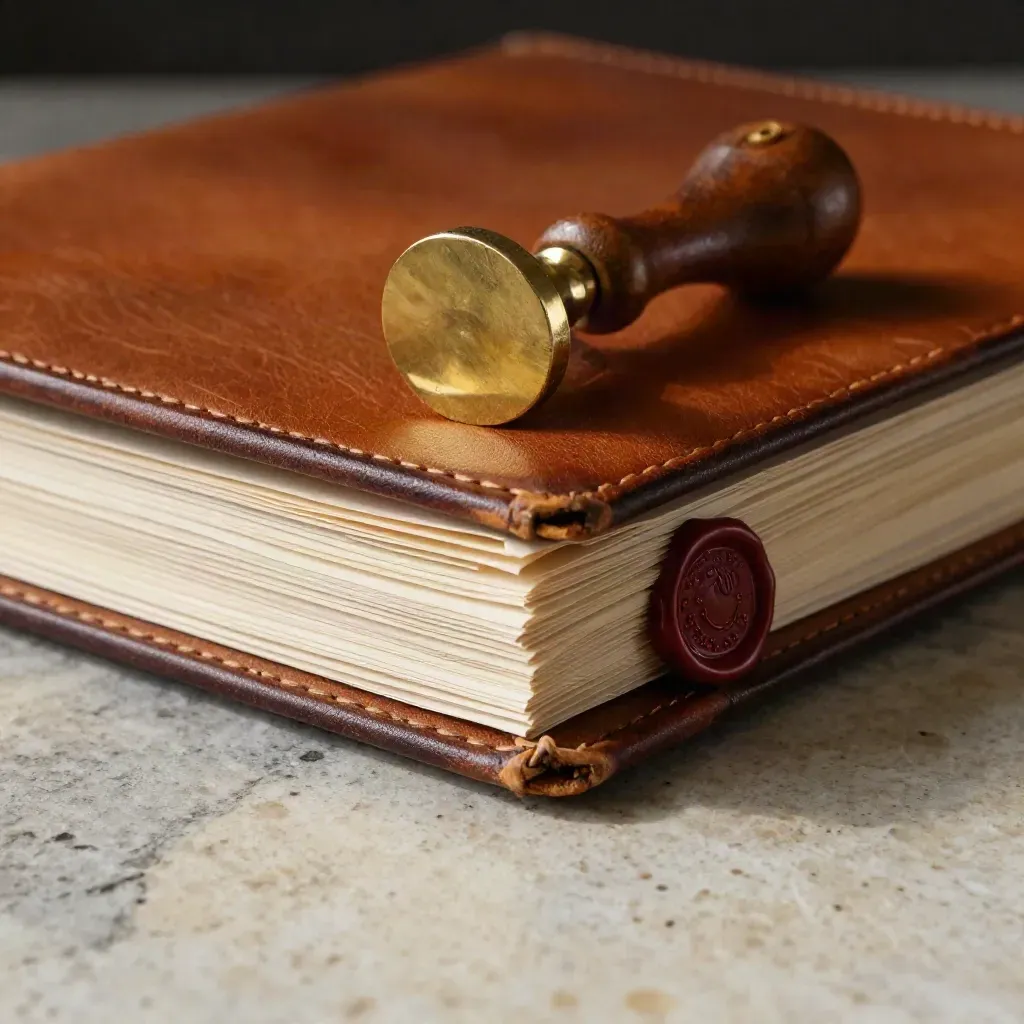 Carpeta legal de cuero, sello de latón y papel crema sobre piedra travertina.