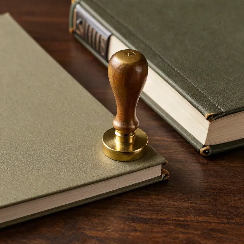Sello mercantil de latón, carpeta societaria y libro de registros sobre madera oscura.