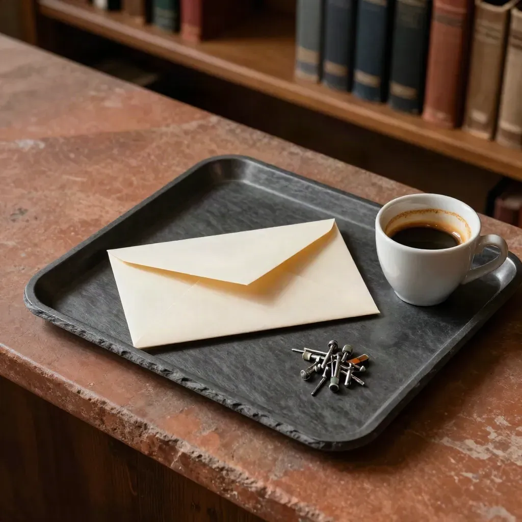 Bandeja procesal con sobre cerrado, carpeta rígida y taza de café vacía sobre piedra terracota.