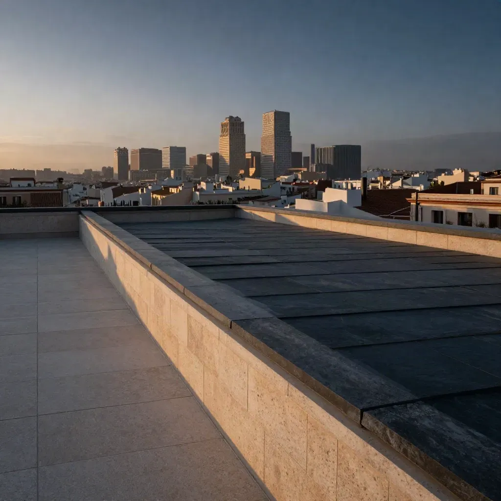 Vista panorámica de Madrid al atardecer desde una azotea, con skyline alto y bruma suave.