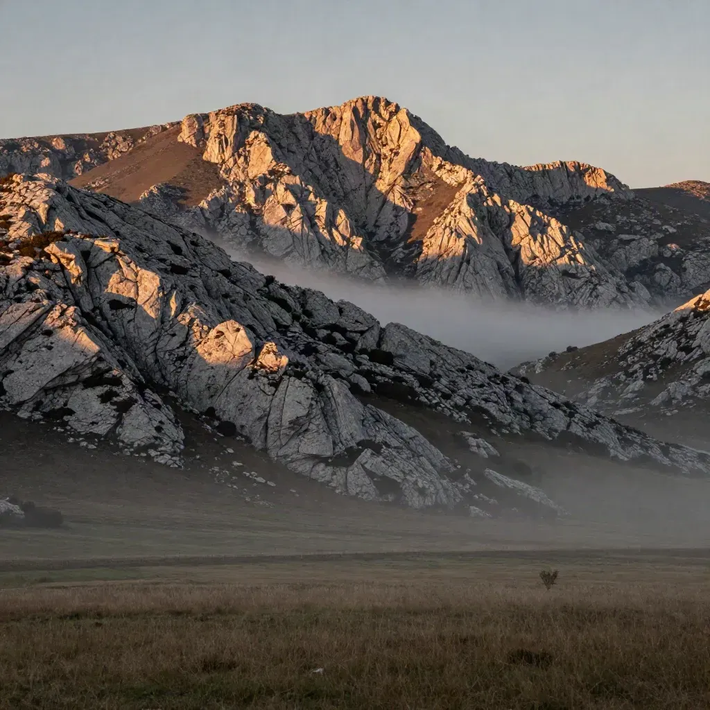 Sierra de Madrid al amanecer con niebla baja y laderas claras para texto.