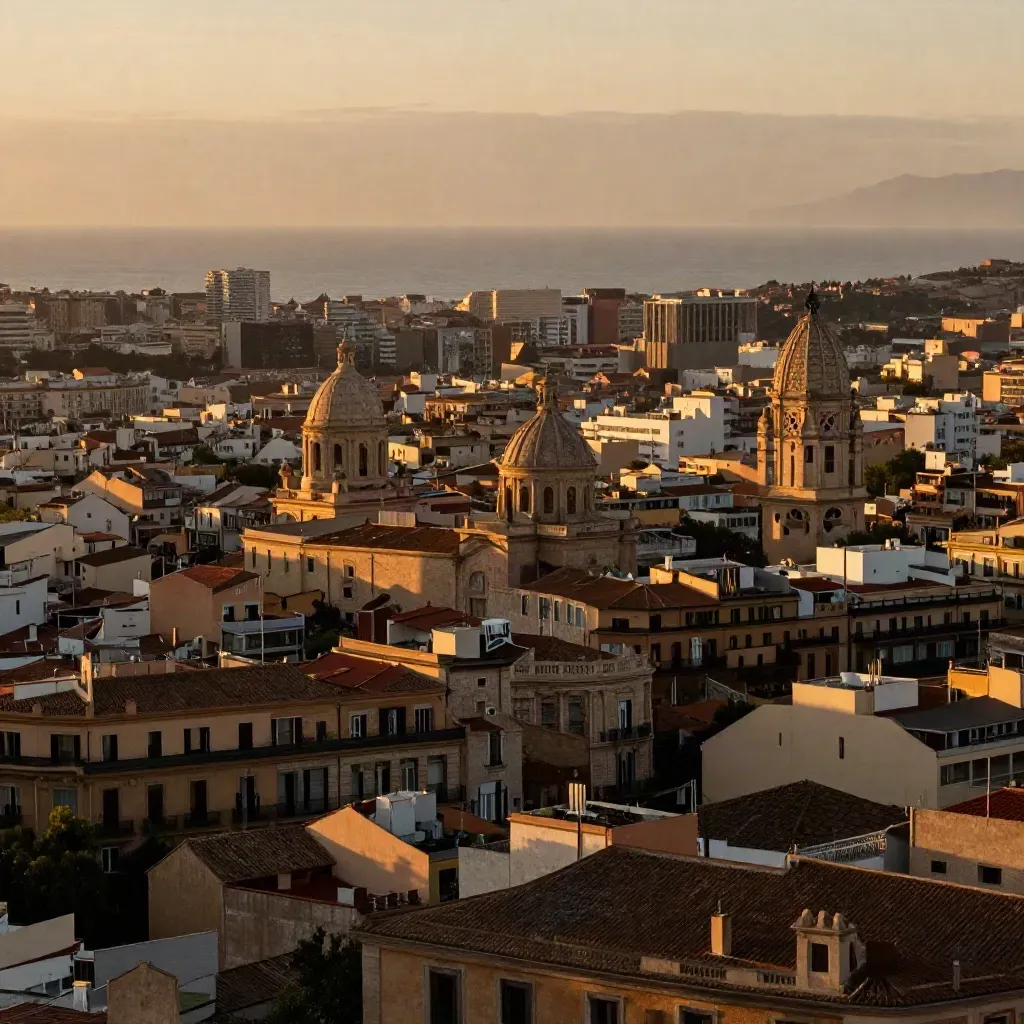 Barcelona al amanecer con azoteas, cúpulas y el mar al fondo, en luz dorada y bruma costera.