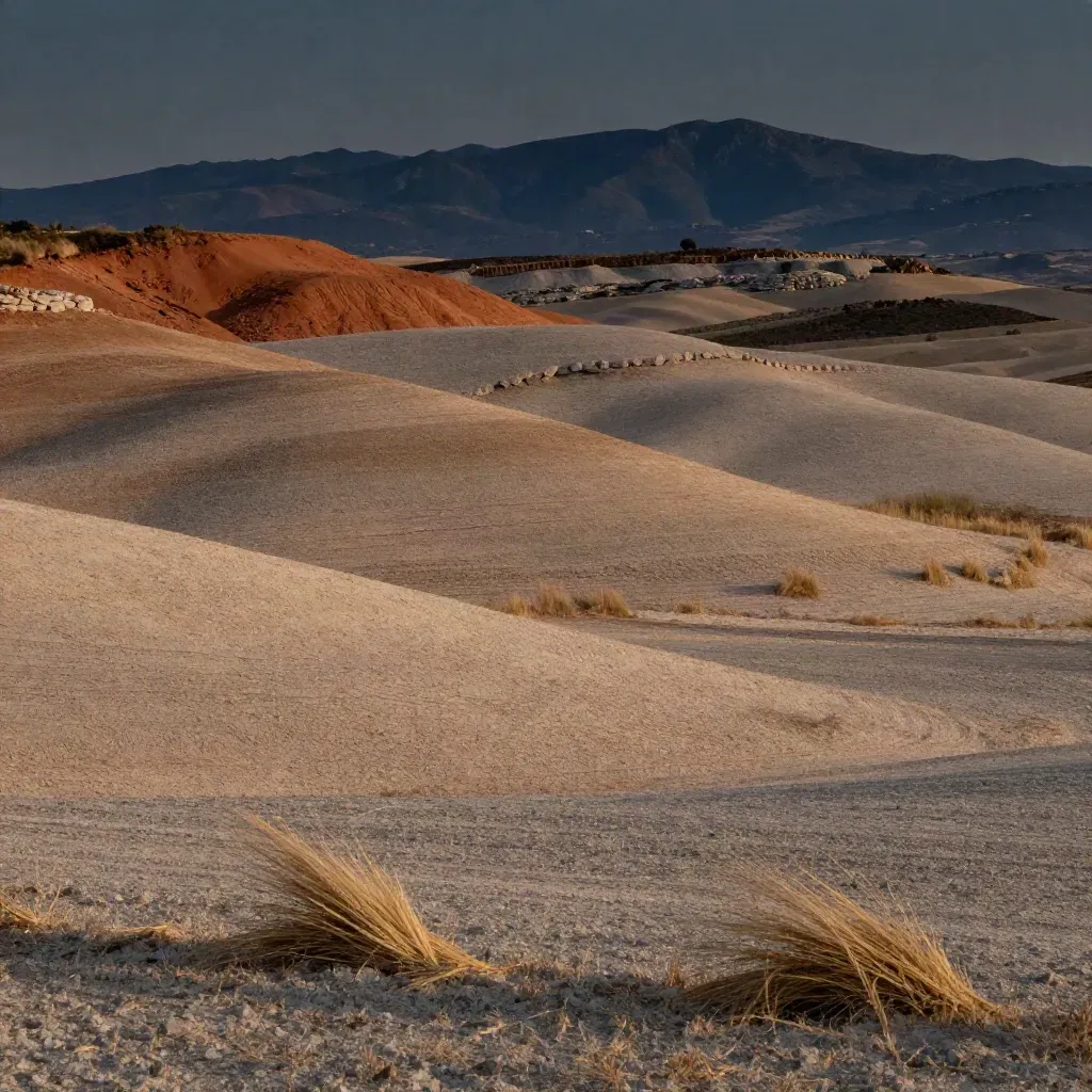 Paisaje amplio de España con campos secos, colinas de piedra y montes lejanos al atardecer.