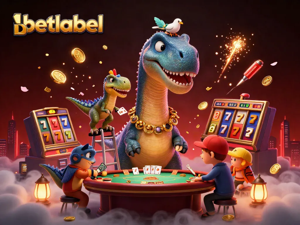 Betlabel casino features a 3D illustration of fun characters playing slots amid vibrant atmospherics.