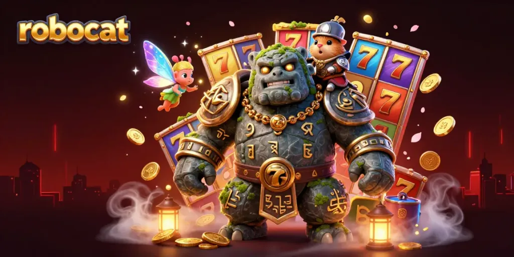 Robocat offers dynamic slots experience with vibrant characters amidst cheers and winnings.